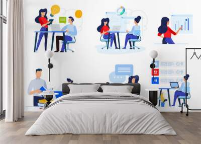 Set of business people concepts. Vector illustrations of task management, business communication, education, crowdfunding, analytics, business app. Wall mural