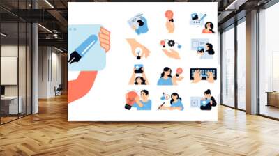 Set of design and development people illustrations. Flat design vector illustrations of graphic and web design and development, social media, creative process, app development.  Wall mural