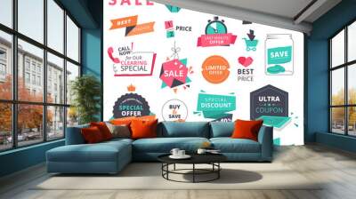 Set of flat design style badges and elements for shopping. Vector illustrations for website and mobile website, product promotion, sale banner template, ads, coupons, print material. Wall mural