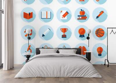 Set of flat icons on education, sport, science, art and music Wall mural