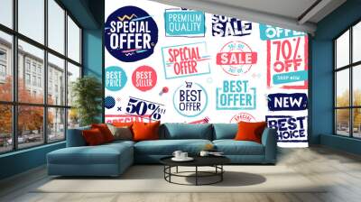 Set of labels and stickers for sale, product promotion, special offer, shopping, e-commerce. Isolated vector illustrations for web design and marketing material. Wall mural