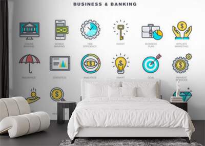 Set of line modern color icons for business and banking     Wall mural