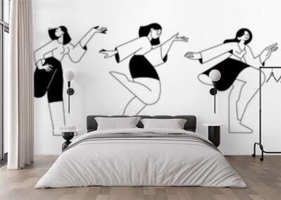 Set of line style design of women in different poses and movements, running, dancing, jumping, exercising. Vector illustrations of freedom, happiness, enjoyment of life for graphic and web design. Wall mural