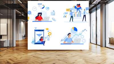 Set of people concept illustrations. Vector illustrations of business plan, project management, time management, data analysis, stock market support. Wall mural