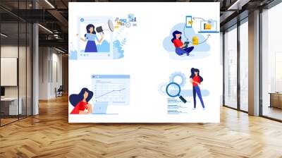 Set of people concept illustrations. Vector illustrations of social media, digital marketing, cloud computing, busines analysis, seo. Wall mural