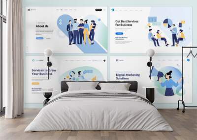 Set of web page design templates of business services, about us, strategy, planning, data analytics, market research, digital marketing, social media. Vector illustrations for web development. Wall mural