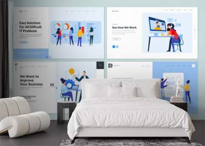 Set of website template designs of IT management, video call, business strategy, business analysis and services. Vector illustration concepts for website and mobile website development.  Wall mural