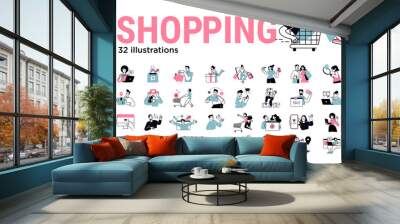 Shopping concept illustrations. Set of illustrations of men and women in various activities of online shopping, ecommerce, sale, product order and delivery. Modern vector for graphic and web design. Wall mural