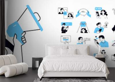 Social media concept illustrations. Set of people vector illustrations in various activities of social network, digital marketing, online communication, internet services.  Wall mural