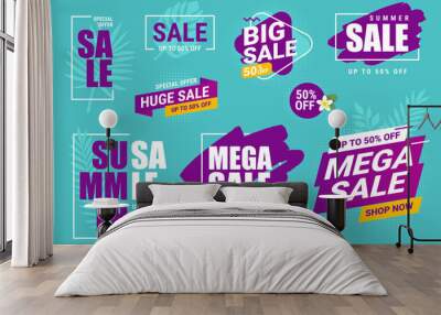 Summer sale. Vector illustrations for social media ads and banners, website badges, marketing material, labels and stickers for products promotions, graphic templates. Wall mural