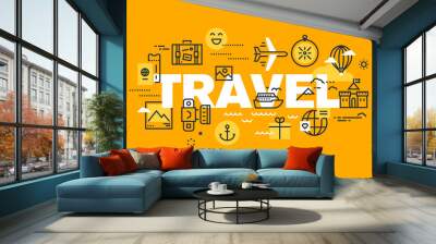 Thin line flat design banner for TRAVEL web page, holiday trip planning, travel destination, tour organization. Vector illustration concept of word TRAVEL for website and mobile website banners. Wall mural