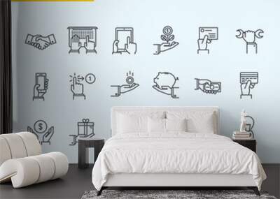 Thin line icons set. Icons of hand using devices, using money, in business situations, communication. Wall mural