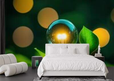 A glowing light bulb among fresh green plants, symbolizing ideas, innovation, and the harmony of nature and technology. Wall mural