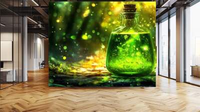 A mystical green potion bottle glimmers with enchanting lights in a dark forest environment. Wall mural