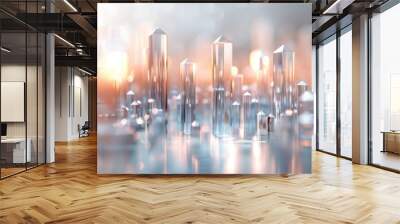 Abstract cityscape with glass-like skyscrapers and a warm sunset glow, showcasing modern architecture and futuristic urban design. Wall mural