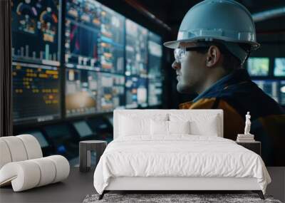 Advanced control room of a clean energy company, featuring monitoring tools for grid technologies, with an engineer in a hard hat and glasses Wall mural