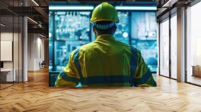 Control room in a clean energy company, equipped with advanced tools for monitoring grid technologies, with an engineer in safety gear Wall mural