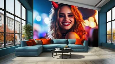 Devilishly dressed young woman at a Halloween party, complete with red horns, a black dress, and a sly grin, embodying the festive spirit Wall mural