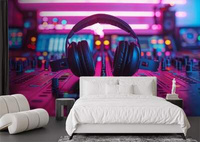 DJ station at a club party with headphones and detailed sound mixing equipment Wall mural