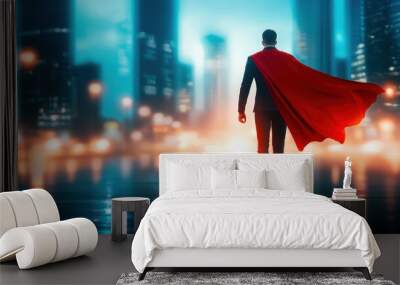 Futuristic city skyline at dusk, businessman superhero in a red cape, confident and strong Wall mural