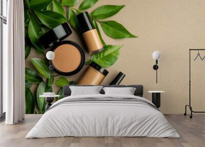 Green beauty products featuring a range of eco-friendly cosmetics, all in sustainable packaging Wall mural