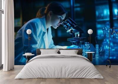 Medical researcher using microscope among neon glowing cells Wall mural