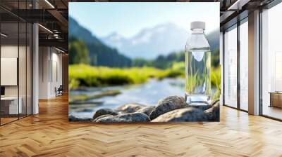 Mockup of a glass water bottle on a rock, nature and mountains in the background, wide banner format with copy space Wall mural