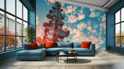 Modern communication tower with multiple satellite dishes, illustrating advanced connectivity technology Wall mural