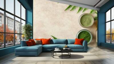 Natural skincare products with green textures and fern leaves, ideal for wellness and beauty themes. Wall mural