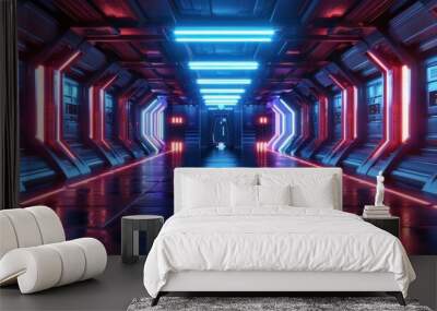 Neon-lit sci-fi corridor with sleek, modern design Wall mural