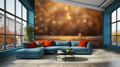 Panoramic banner with a dark brown background, stage lights, and bokeh effects for a warm product display Wall mural