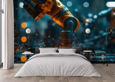 Photorealistic closeup of a robotic arm using advanced laser technology to cut materials Wall mural