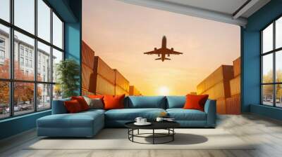 Plane soaring over shipping containers, air logistics concept, bright and clear sky Wall mural