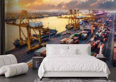 Shipping port brimming with stacked containers, active global trade, state-of-the-art logistics infrastructure Wall mural