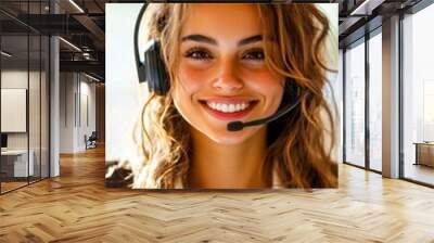 Smiling woman with headset, providing customer support in a bright office environment, showcasing a friendly and professional demeanor. Wall mural