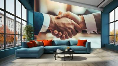 Two business professionals shaking hands in a modern office setting, symbolizing partnership and collaboration. Wall mural