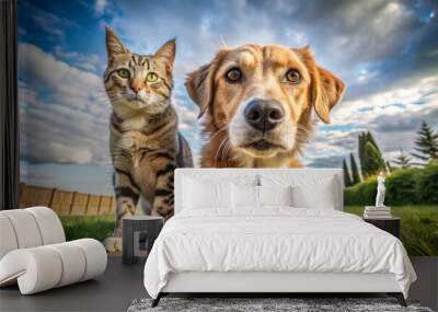 A dog and cat are sitting together in lush green yard under cloudy sky, showcasing their friendship and companionship. scene captures heartwarming moment between two animals Wall mural