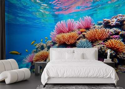 A vibrant underwater world full of colorful coral reefs and exotic marine life, aquatic plants, vibrant colors Wall mural