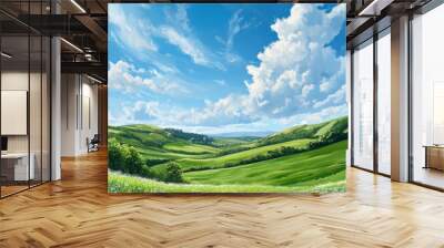 beautiful summer landscape featuring vibrant green meadow under bright blue sky filled with fluffy clouds. serene scenery evokes sense of peace and tranquility Wall mural