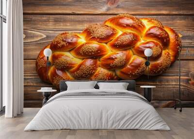 Freshly baked traditional Jewish bread, challah, beautifully braided and topped with sesame seeds, rests on rustic wooden background, evoking warmth and comfort Wall mural