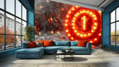 glowing red number one sign shines brightly amidst dramatic backdrop of sparks and smoke, creating intense and captivating atmosphere Wall mural