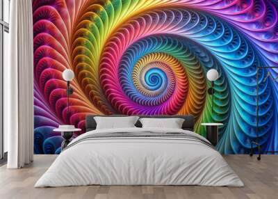 Vibrant abstract spiral design featuring colorful gradient of hues, creating mesmerizing visual effect that captivates viewers attention Wall mural