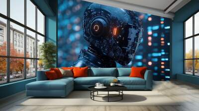 A futuristic robot with a digital display on its helmet stands in front of a wall of code. Wall mural