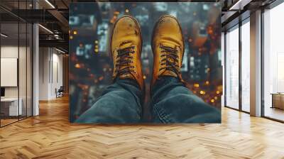 A pair of worn yellow boots dangle over a cityscape, with the city lights blurring in the background, suggesting a feeling of risk and vulnerability. Wall mural