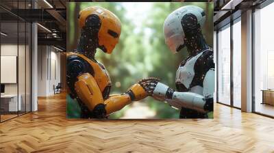 Two humanoid robots with glowing circuitry stand in a green forest holding hands. Wall mural