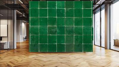 Old retro dark green ceramic tile texture background. Dark green square tiled wall. Wall mural