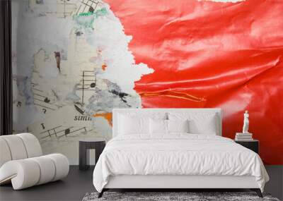 Torn and crumpled glossy red poster on old scraps of paper music sheet with notes background. Wall mural