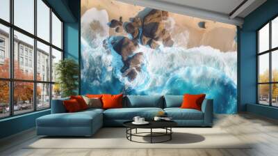 a birds-eye view of the beach a horizontal aerial coastline, and a sea with aqua water waves with rocks, Abtract-themed, drone aerial, photorealistic illustrations in JPG. generative ai Wall mural