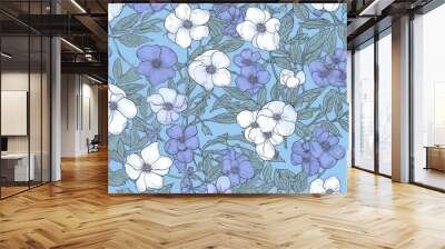 a horizontal floral pattern in periwinkle blue with white flowers and green accents in a decor-themed, photorealistic, JPG illustration.  Generative ai Wall mural