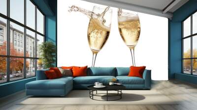 Champagne glasses toasting with Champagne splashing in an isolated and transparent PNG Celebration-themed, photorealistic illustration. Generative ai Wall mural